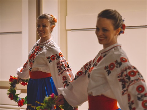 Ukrainian dancers in traditional costume Travelling Table event photo by Jack Fenby